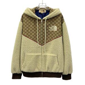 Gucci x The North Face Brown logo jacquard hooded drawstring shearling jacket